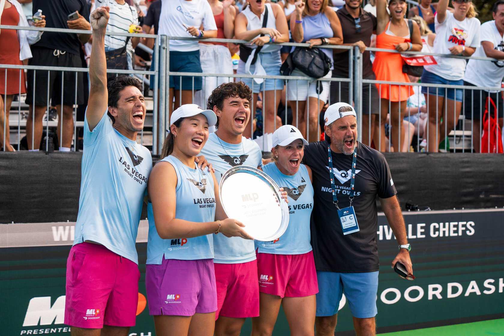 Steve Deakin (right) pictured with the Las Vegas Night Owls (Pablo Tellez, Chao Yi Wang, James Delgado, Brooke Buckner) after securing the 2025 Challenger level title.